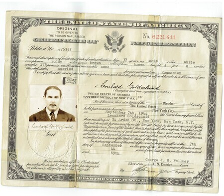 Certificate of Naturalization for Leonhard Goldschmid; contains of photo of the recepient and is notarized by the court clerk in New York City