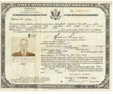 Certificate of Naturalization for Julius Lisser; contains of photo of the recepient and is notarized by the court clerk in New York City