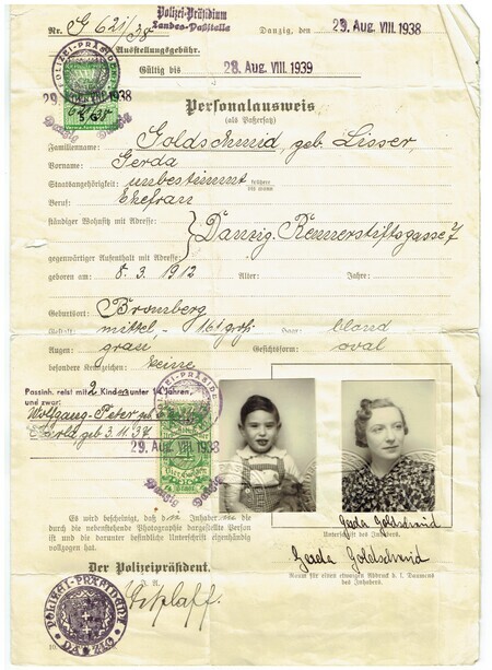 Government Document written in German from the city of Danzig; ID for Gerda Goldschmid; includes photo of Gerda and a young Peter