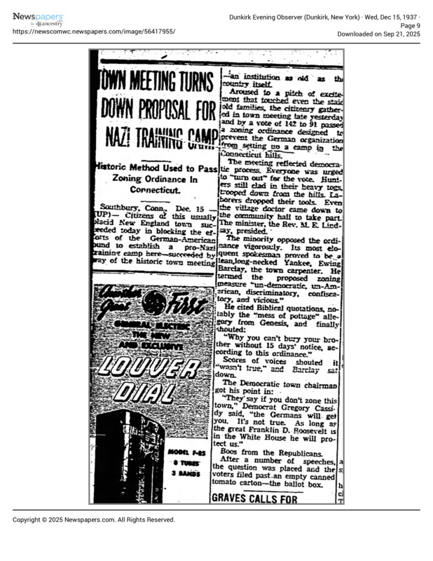 Newspaper: The Dunkirk Evening Obeserver on Southbury