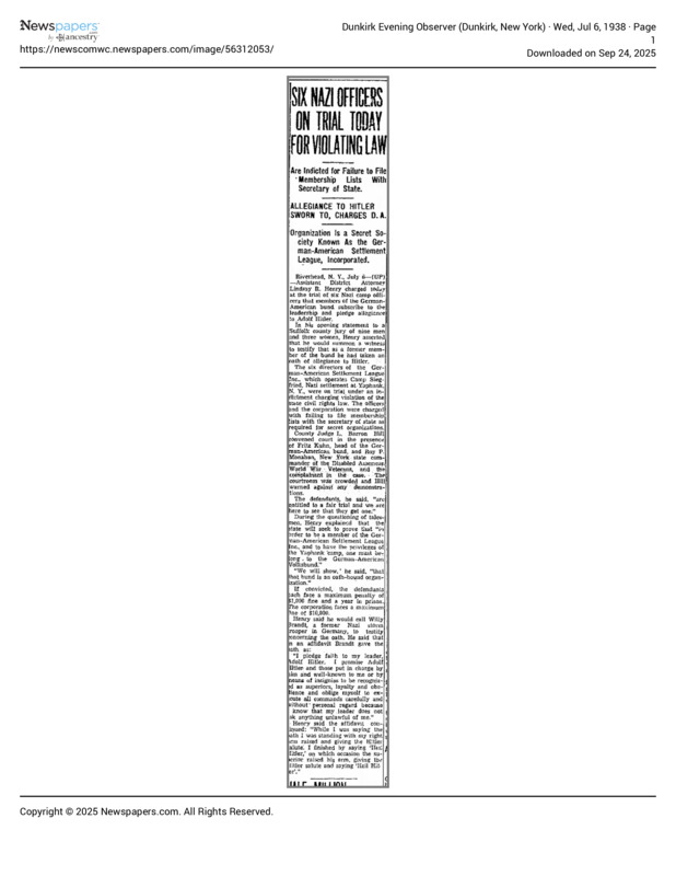 Newspaper: Dunkirk Evening Observer on Yaphank 