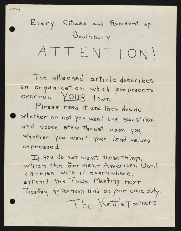 Handwritten flyer, for all residents of Southbury, to stand up against the local German Bund chapter. 