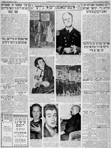 In an english section of the Yiddish newspaper The Forward (Der Forverts), includes the same image from object camps057, with a different description highlighting how these protestors are protesting the specific sale of land to a "Hitlerist" cause. 