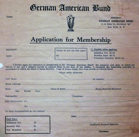 A German American Bund Application asking for the applicants biographical information and payment.
