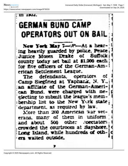 Newspaper: Ironwood Daily Globe on Yaphank 