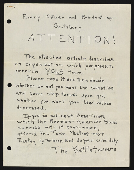 Handwritten flyer, for all residents of Southbury, to stand up against the local German Bund chapter. 