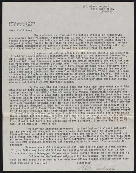 Anti-semetic letter to Rev. Lindsay citing concern over allowing Jews to fight the establishment of a German camp.